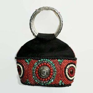 Tibetan Structured Beaded Bag Purse Made In India by Refugees Silvertone Handle